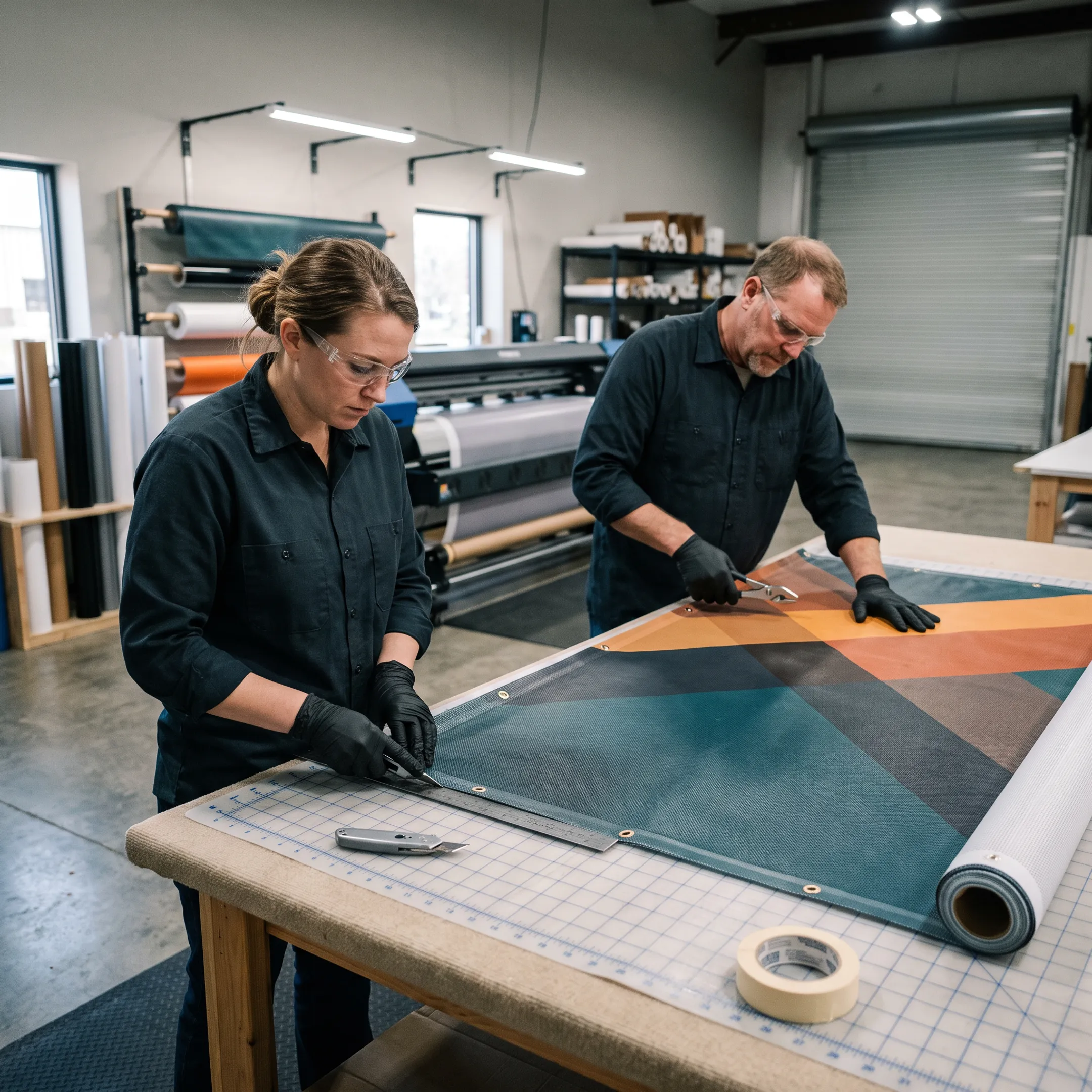 Technician preparing a custom printed mesh graphic