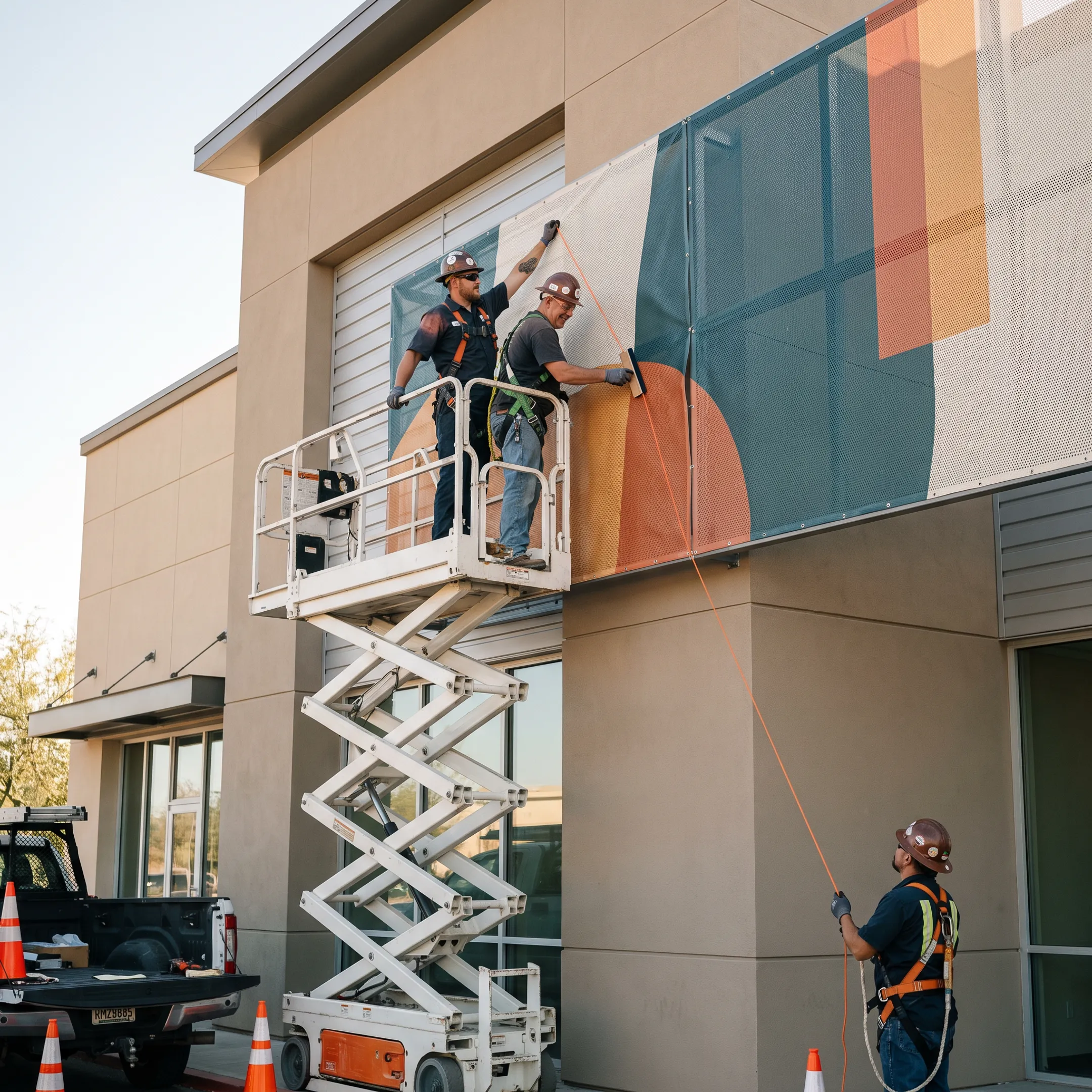 Custom printed mesh graphics installed on a commercial property