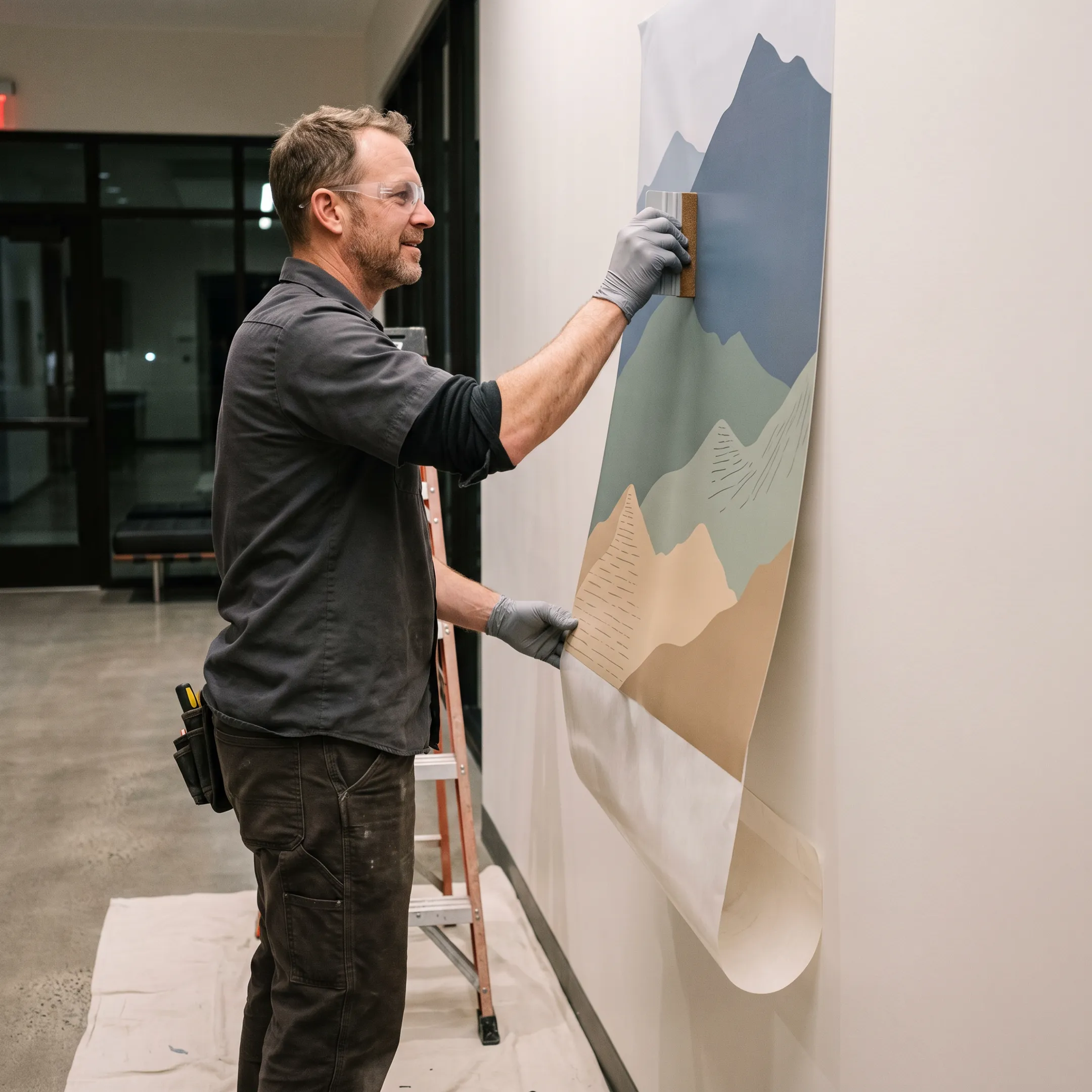 Professional installer applying a custom interpretive graphic to a wall sign