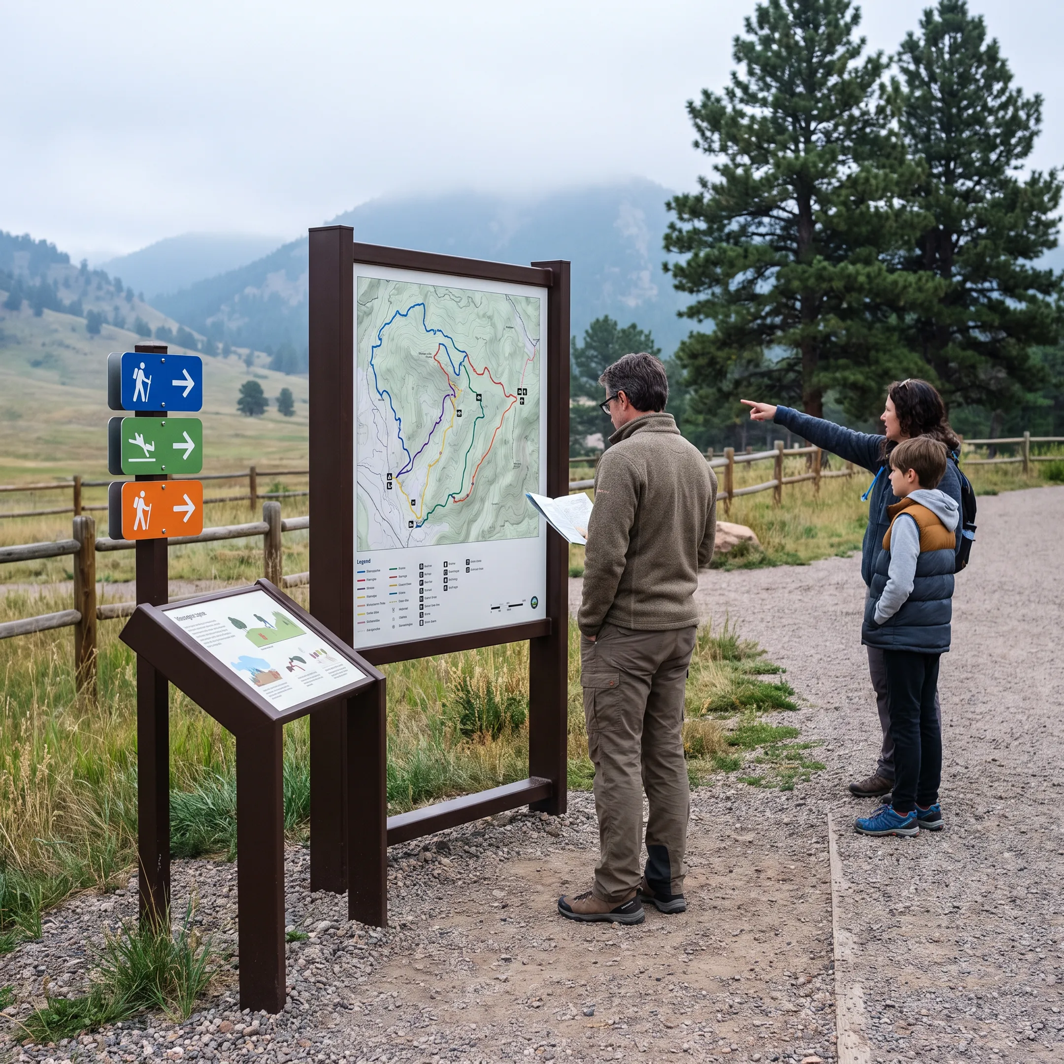 Interpretive sign system with maps, graphics, and directional panels installed in an outdoor visitor setting