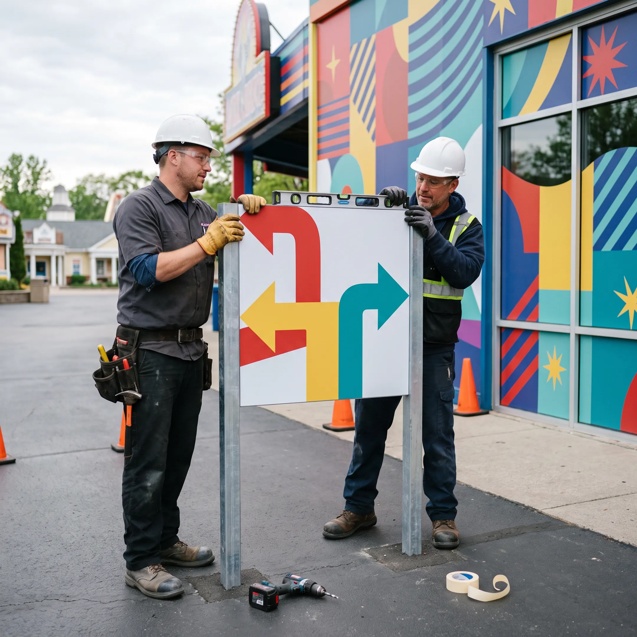 Amusement park wayfinding sign and branded attraction graphics installed by a professional crew