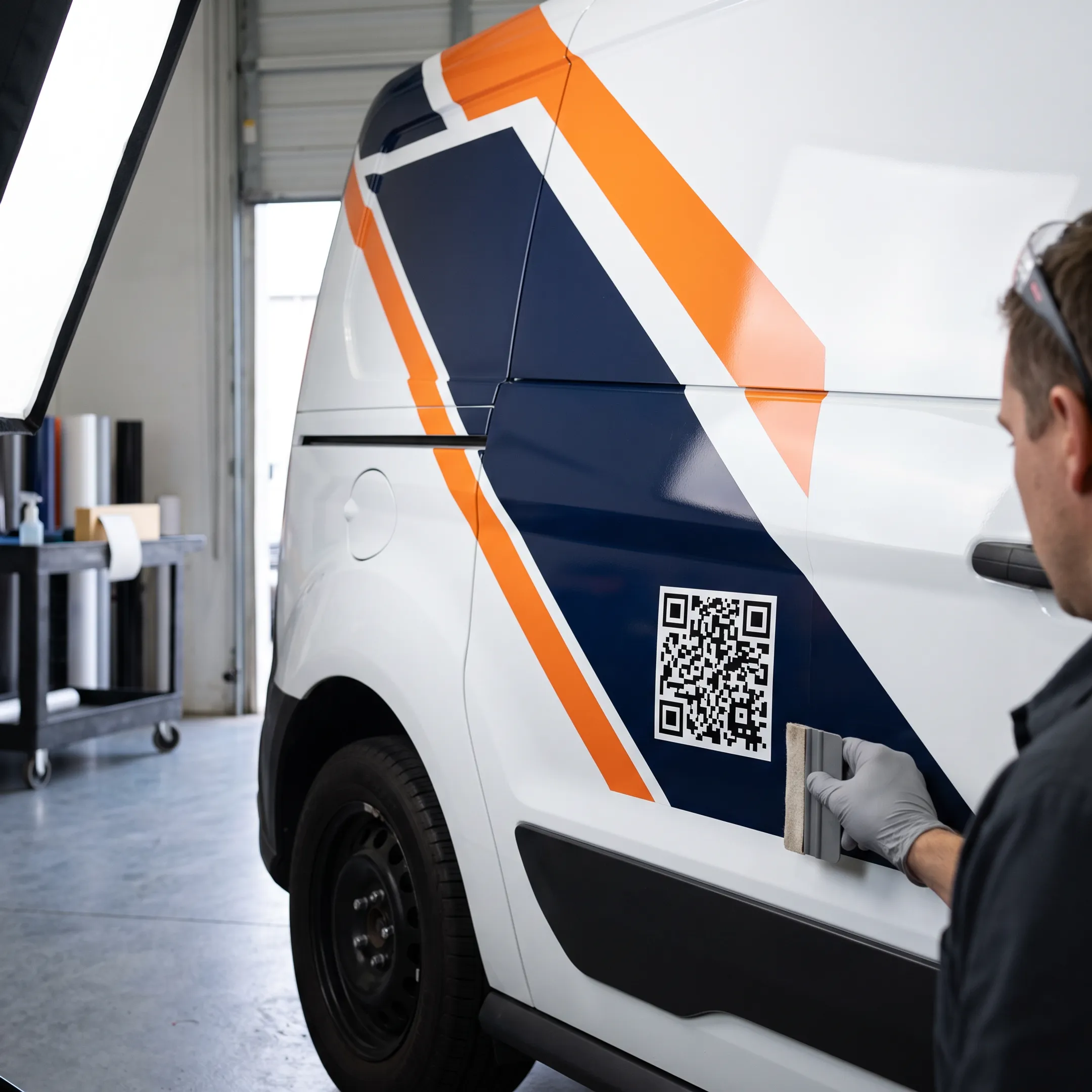Vehicle branding with QR code decal and custom business graphics