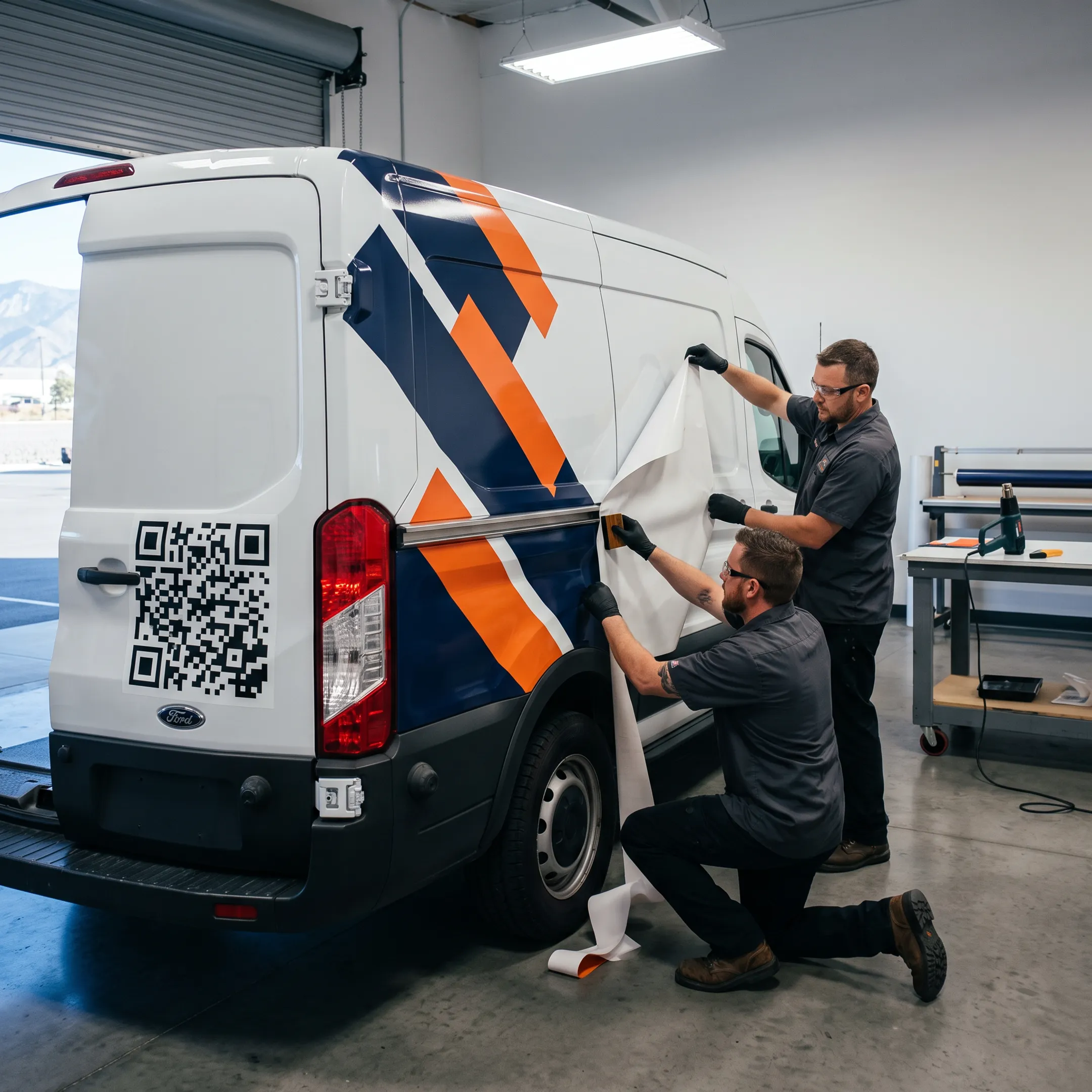 Custom QR code decal professionally installed on a branded vehicle