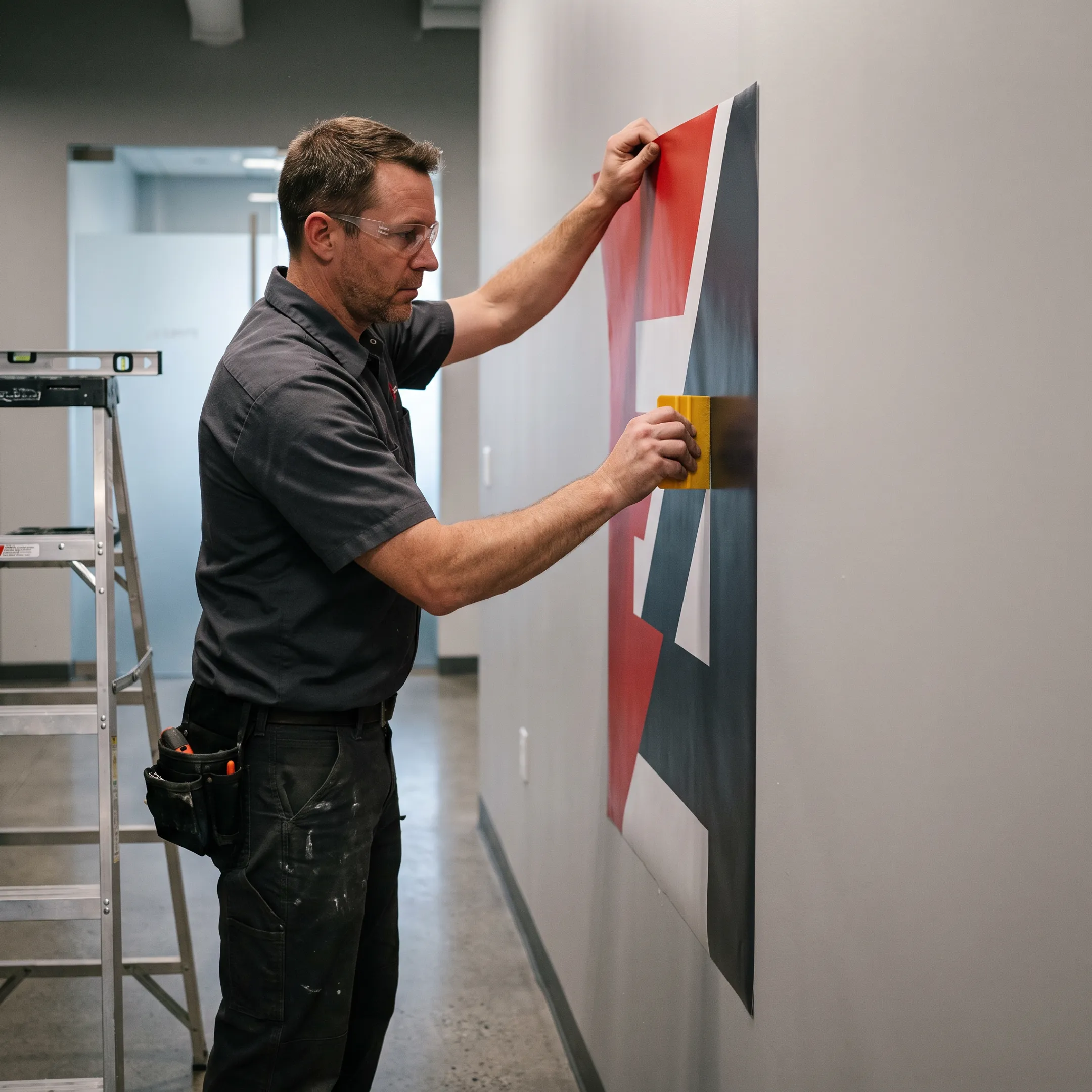 Installer applying branded signage to a commercial wall