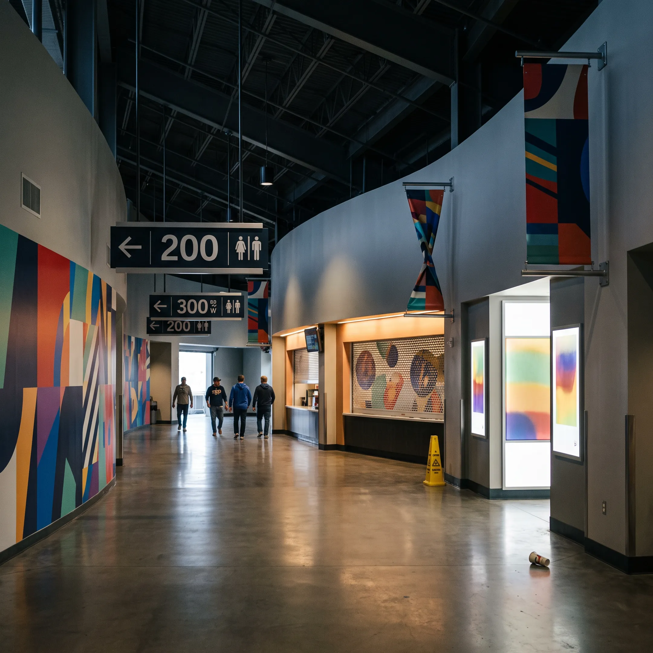 Branded stadium graphics displayed on walls and windows across a venue