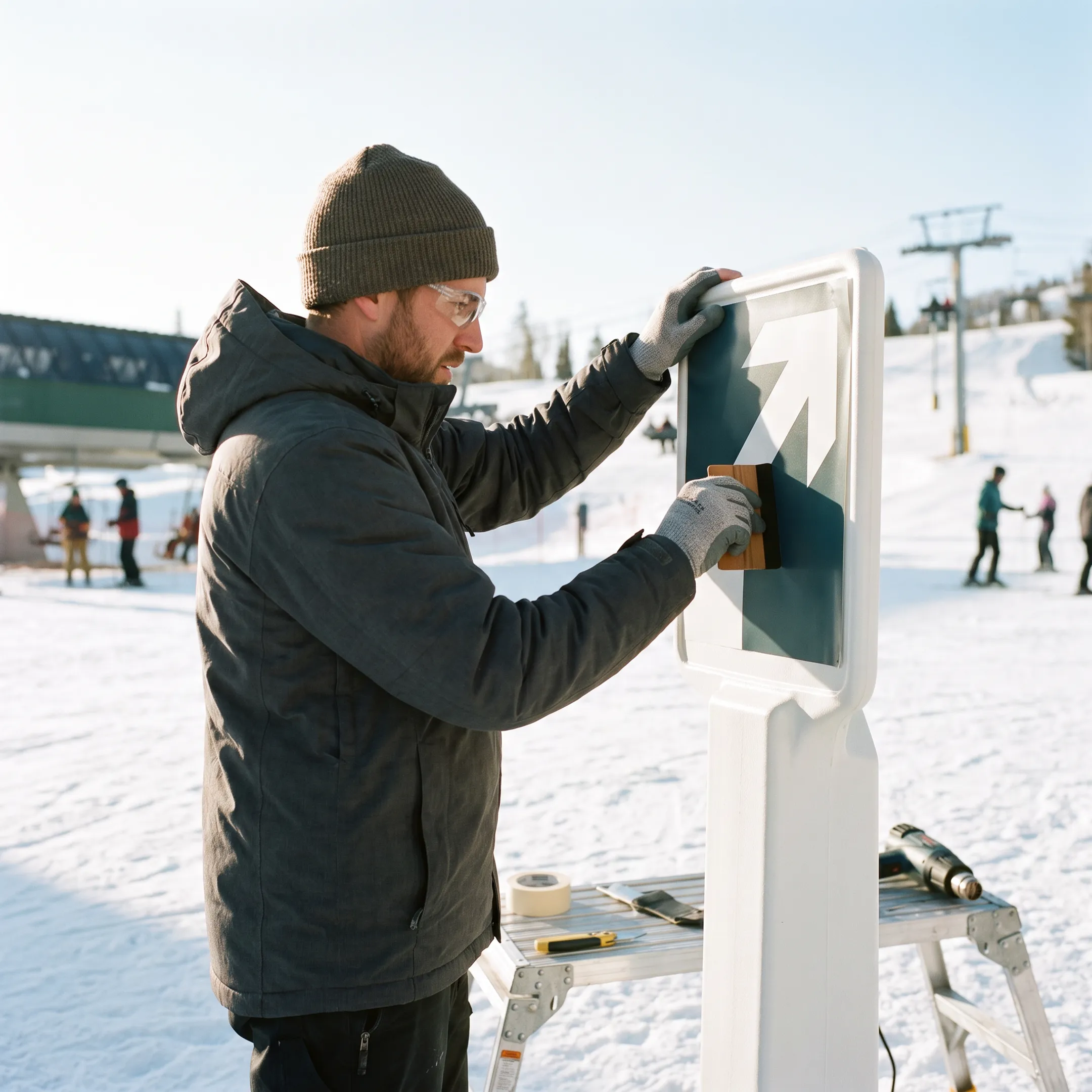 Professional installer applying custom graphics to a resort sign