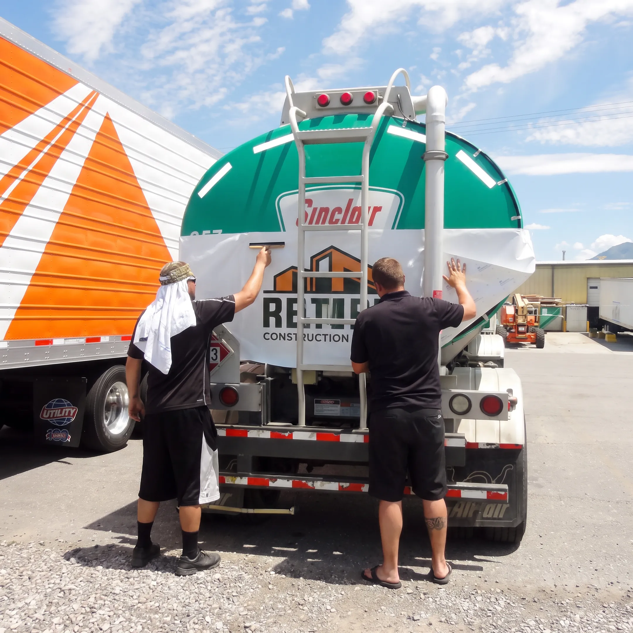Installer applying custom graphics to a construction trailer