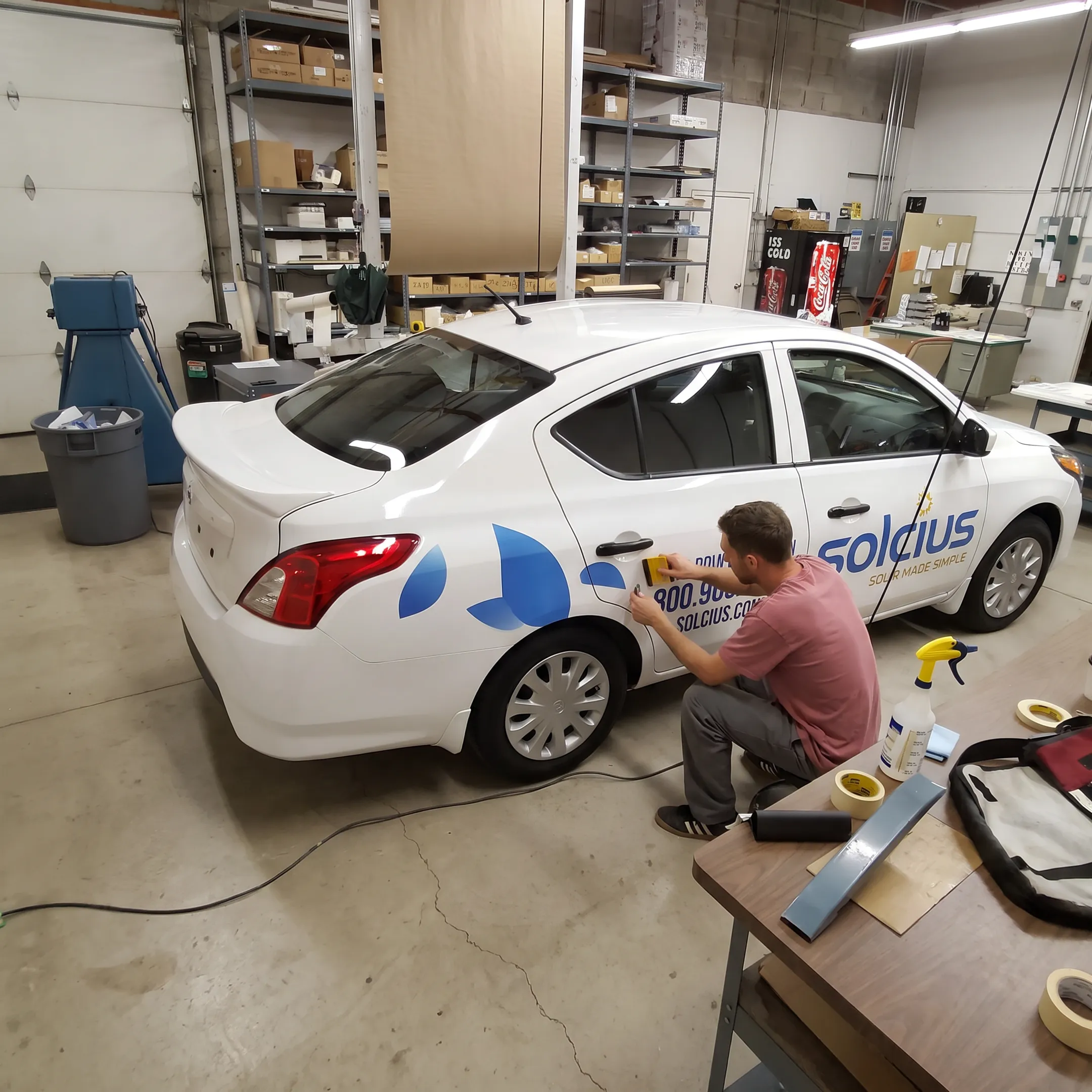 Installer applying branded graphics to a commercial vehicle