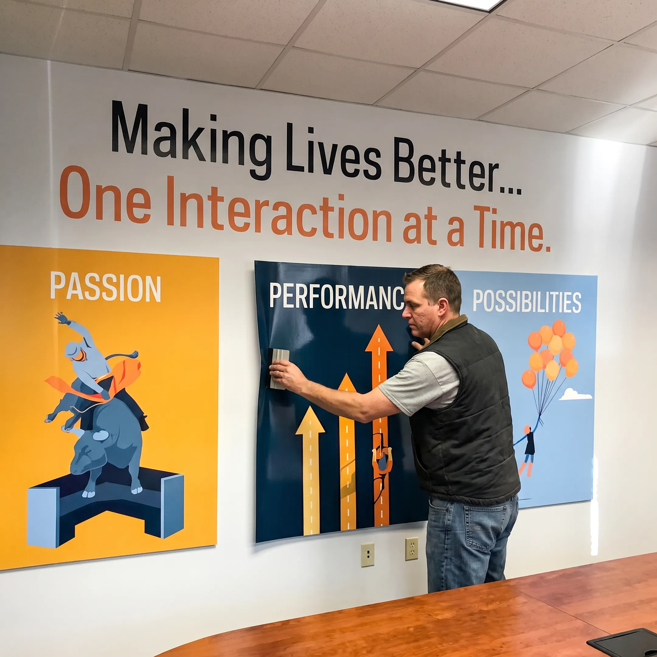 Professional installing custom graphics on commercial signage