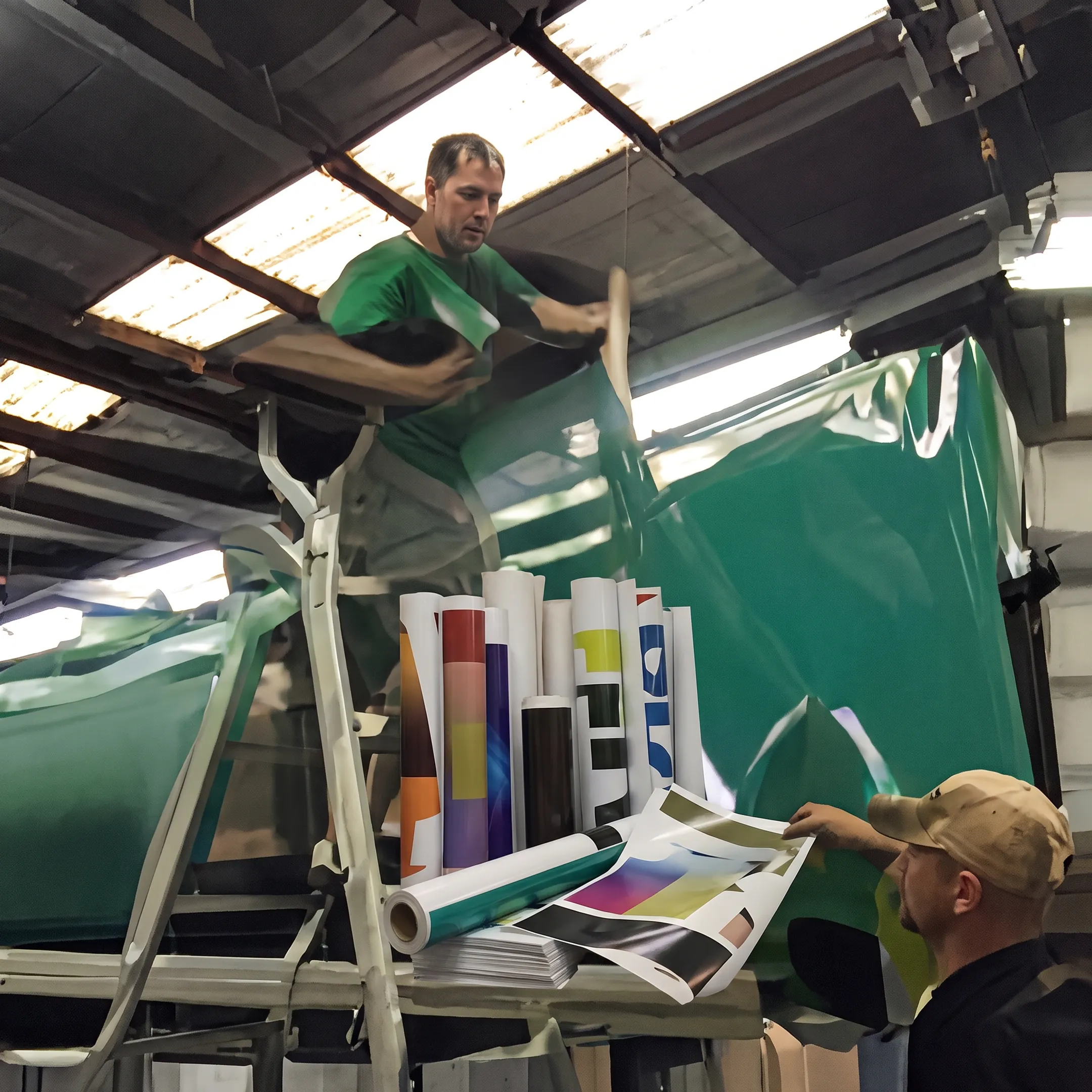Commercial branding materials prepared for coordinated graphic installation