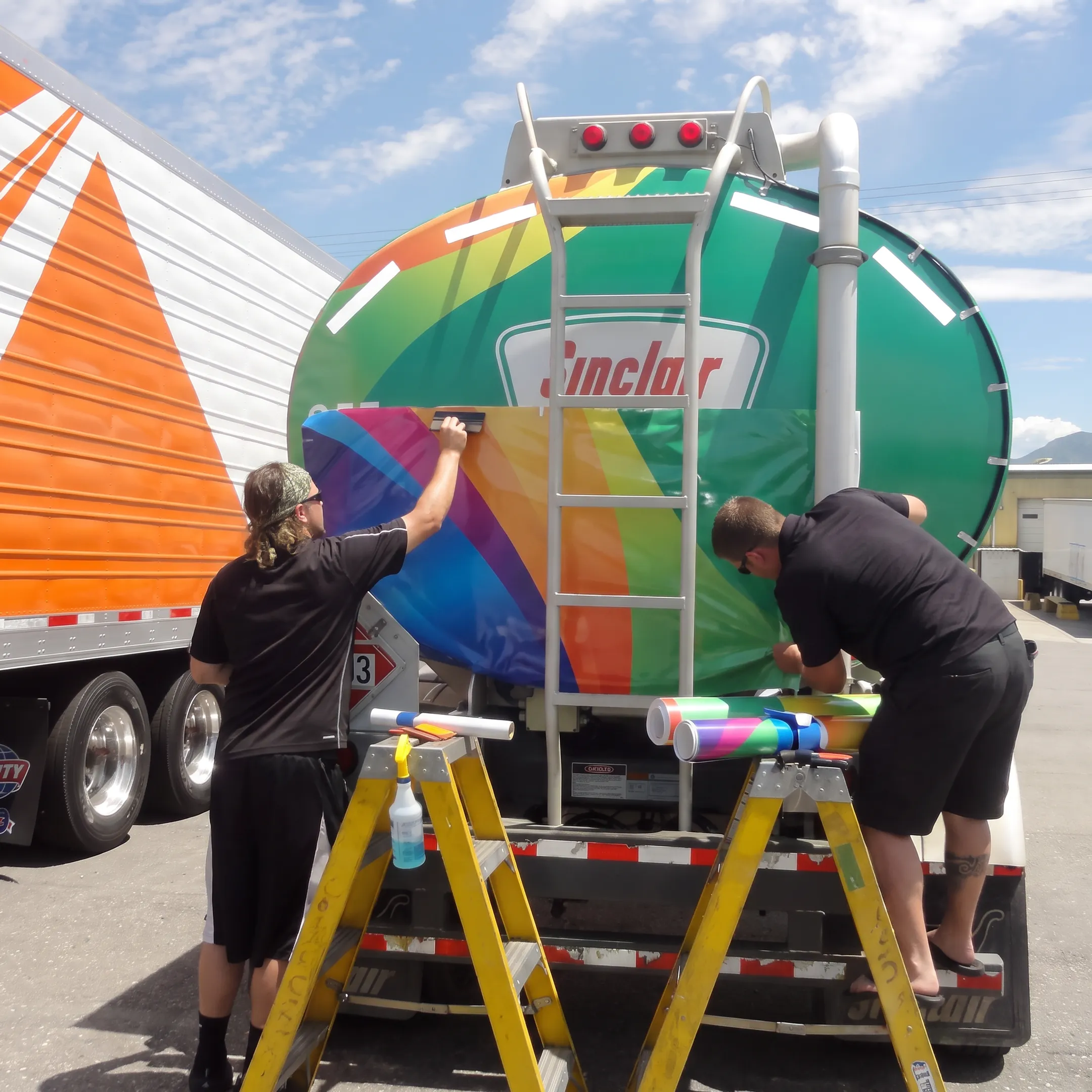 Installer applying branded vinyl graphics to a food trailer