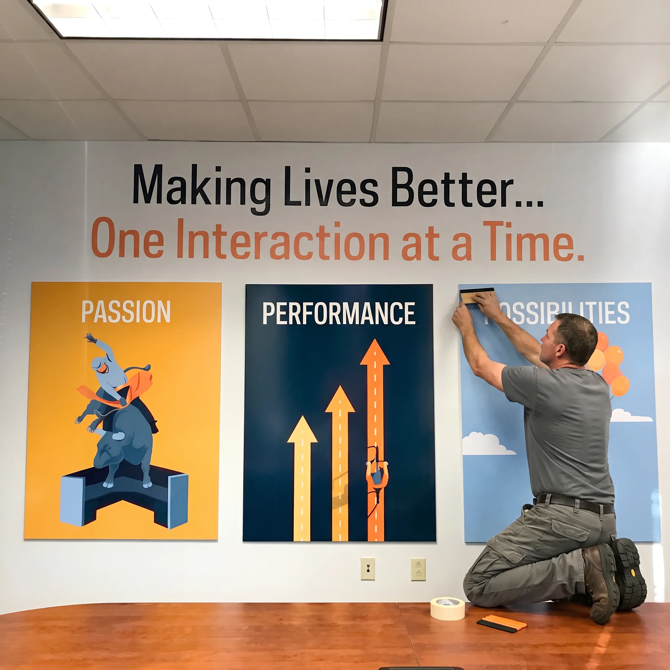 Installer applying a custom restaurant wall graphic to an interior surface