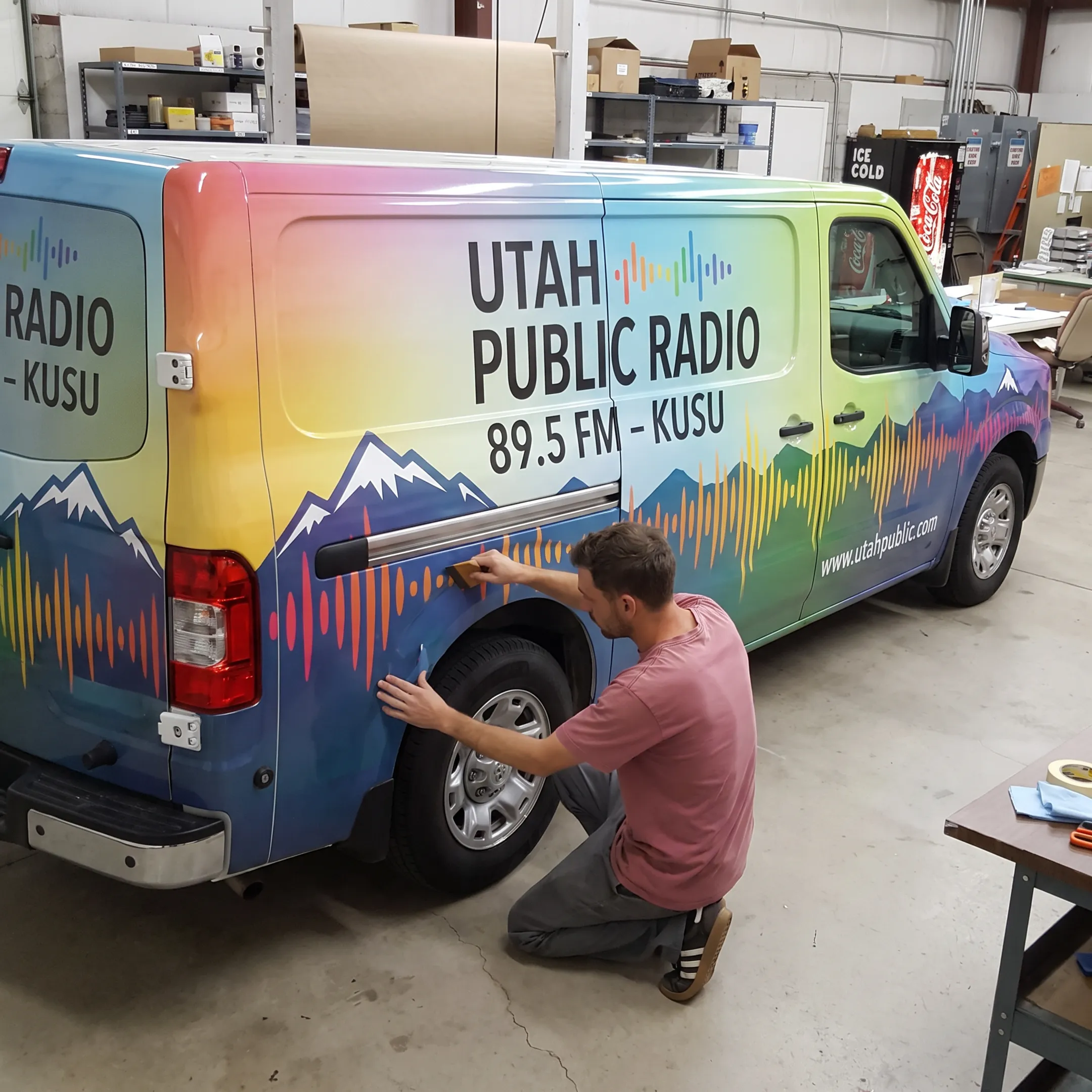 Installer applying branded graphics to a radio station vehicle