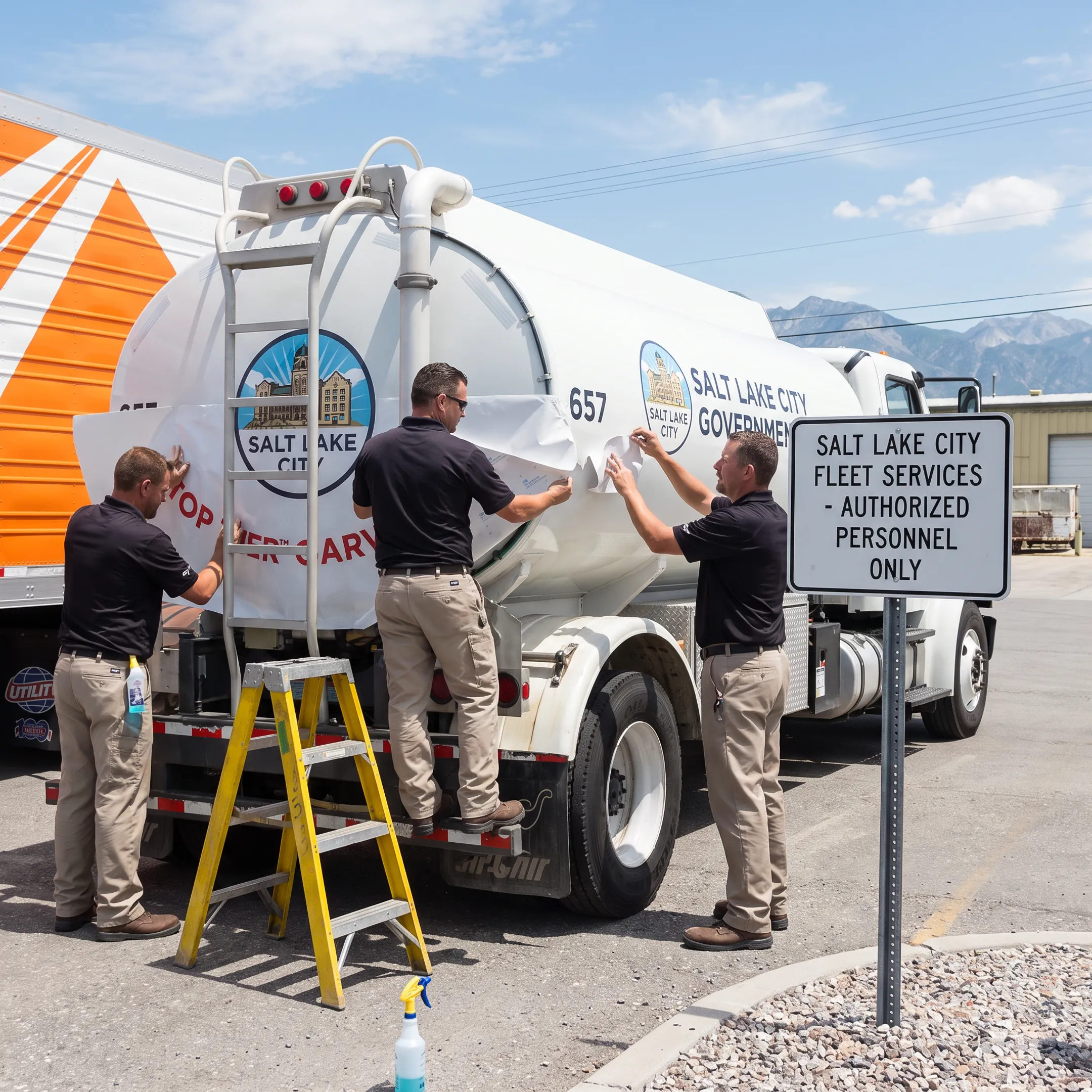 Technician installing custom graphics on a government vehicle