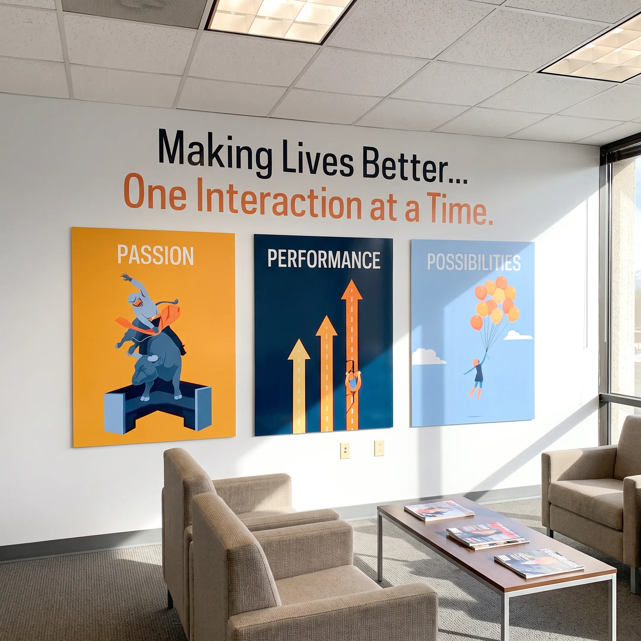 Branded mural displayed on a corporate office wall