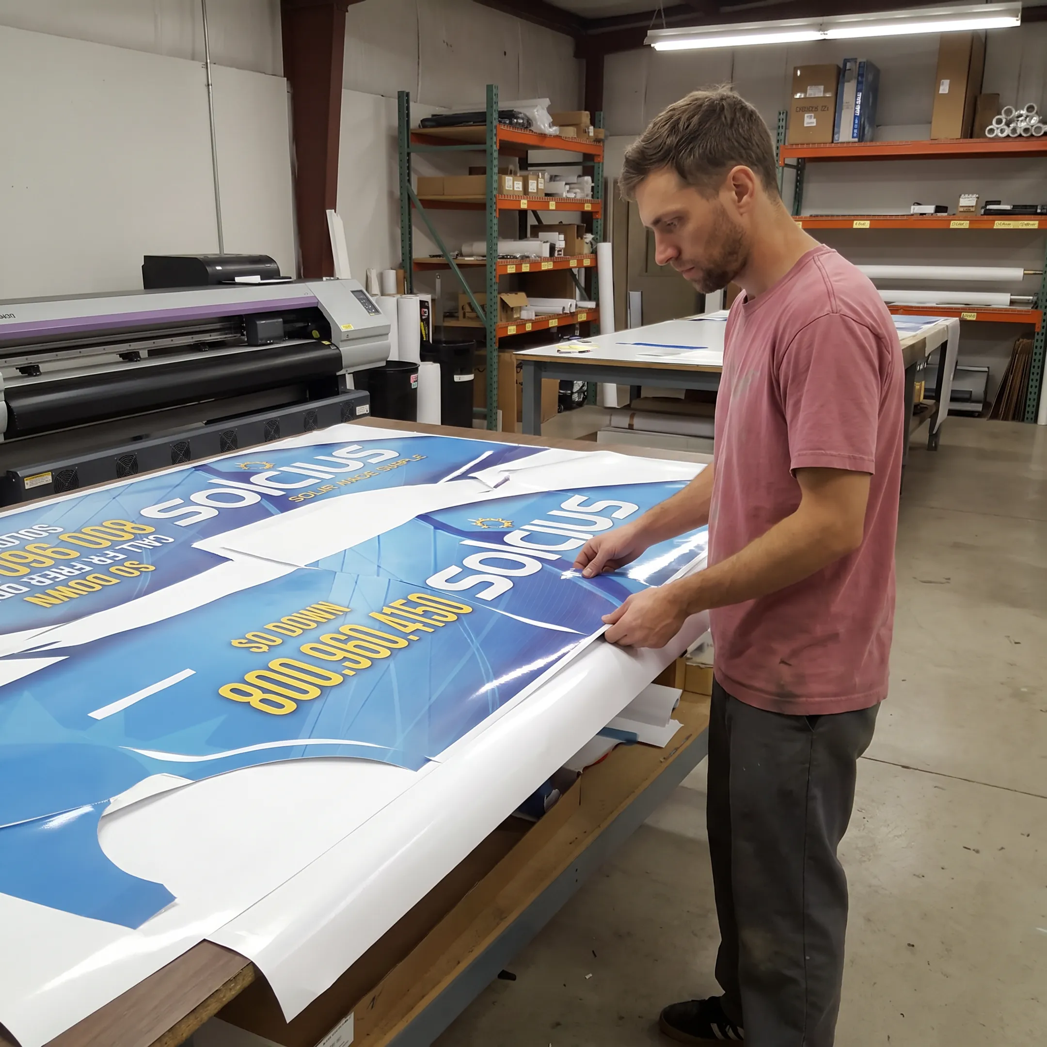 Technician reviewing oversized printed graphics beside a wide format printer