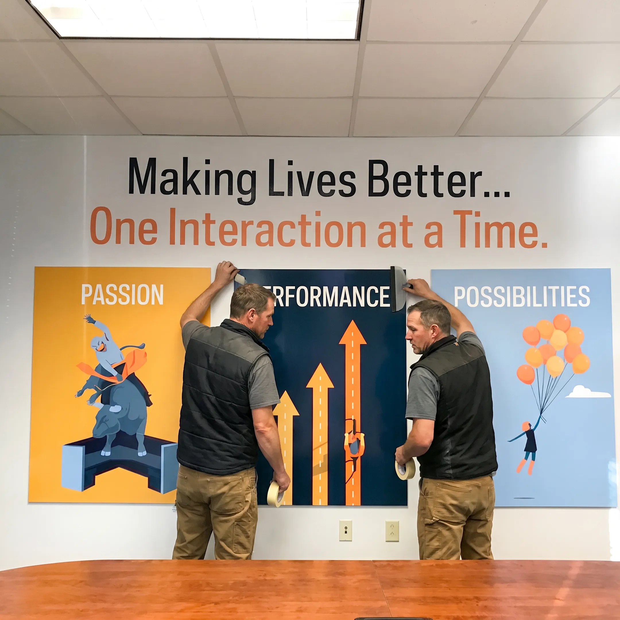 Professional installers applying custom graphics to a commercial surface