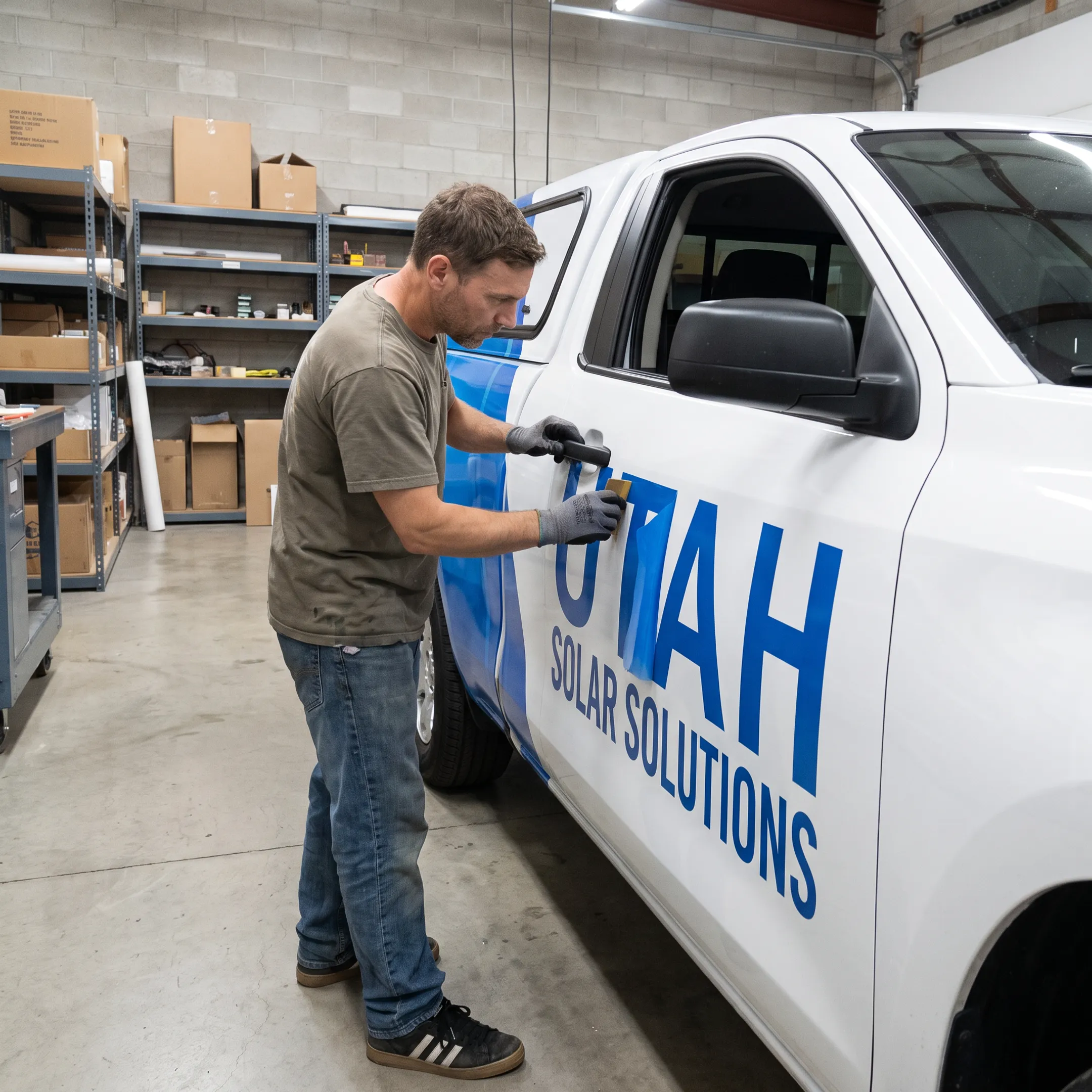Installer applying branded vinyl graphics to a commercial fleet vehicle