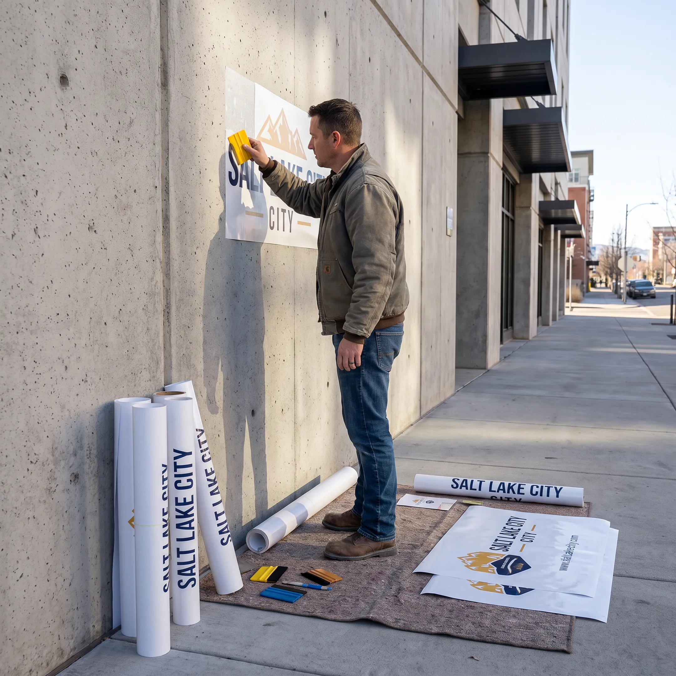 Installer applying custom signage to a commercial wall