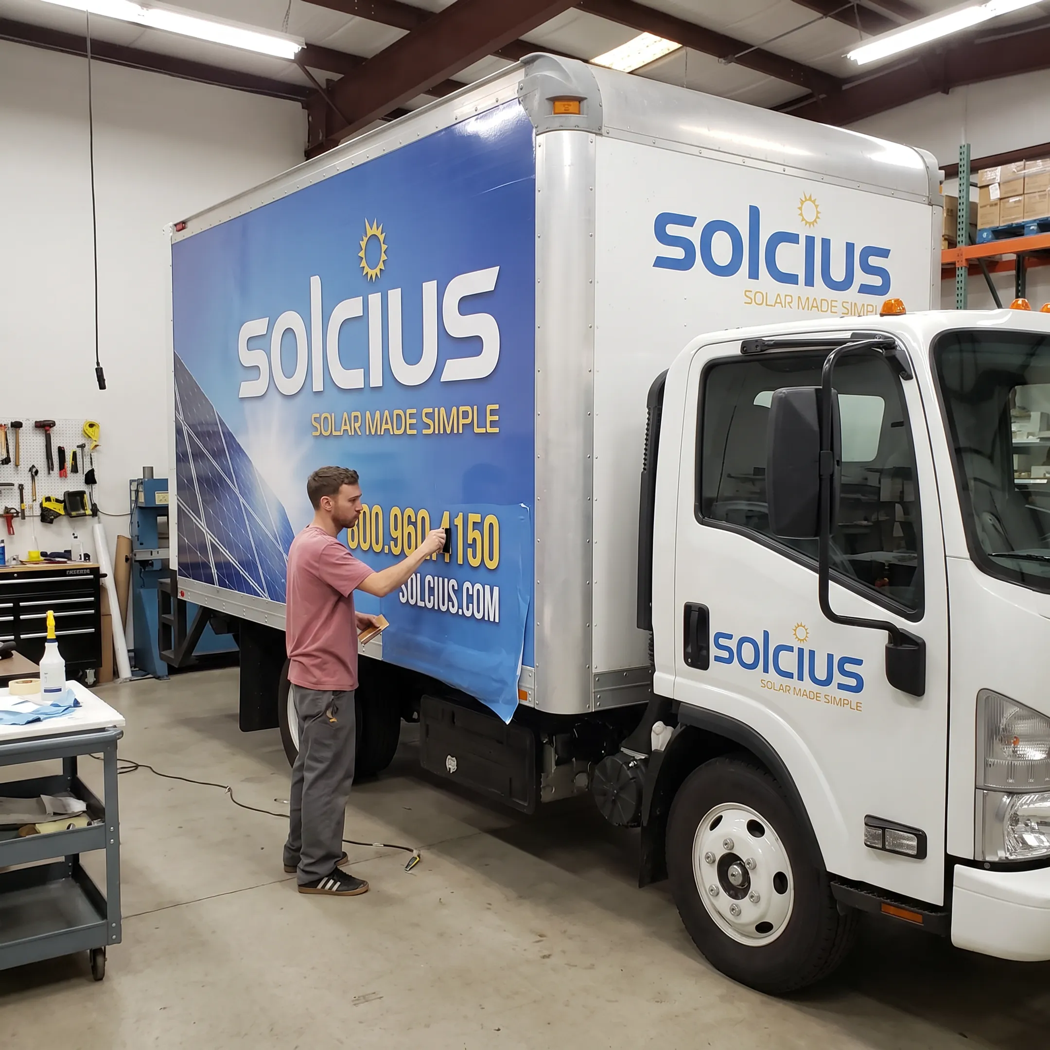 Technician applying branded vinyl graphics to a commercial truck
