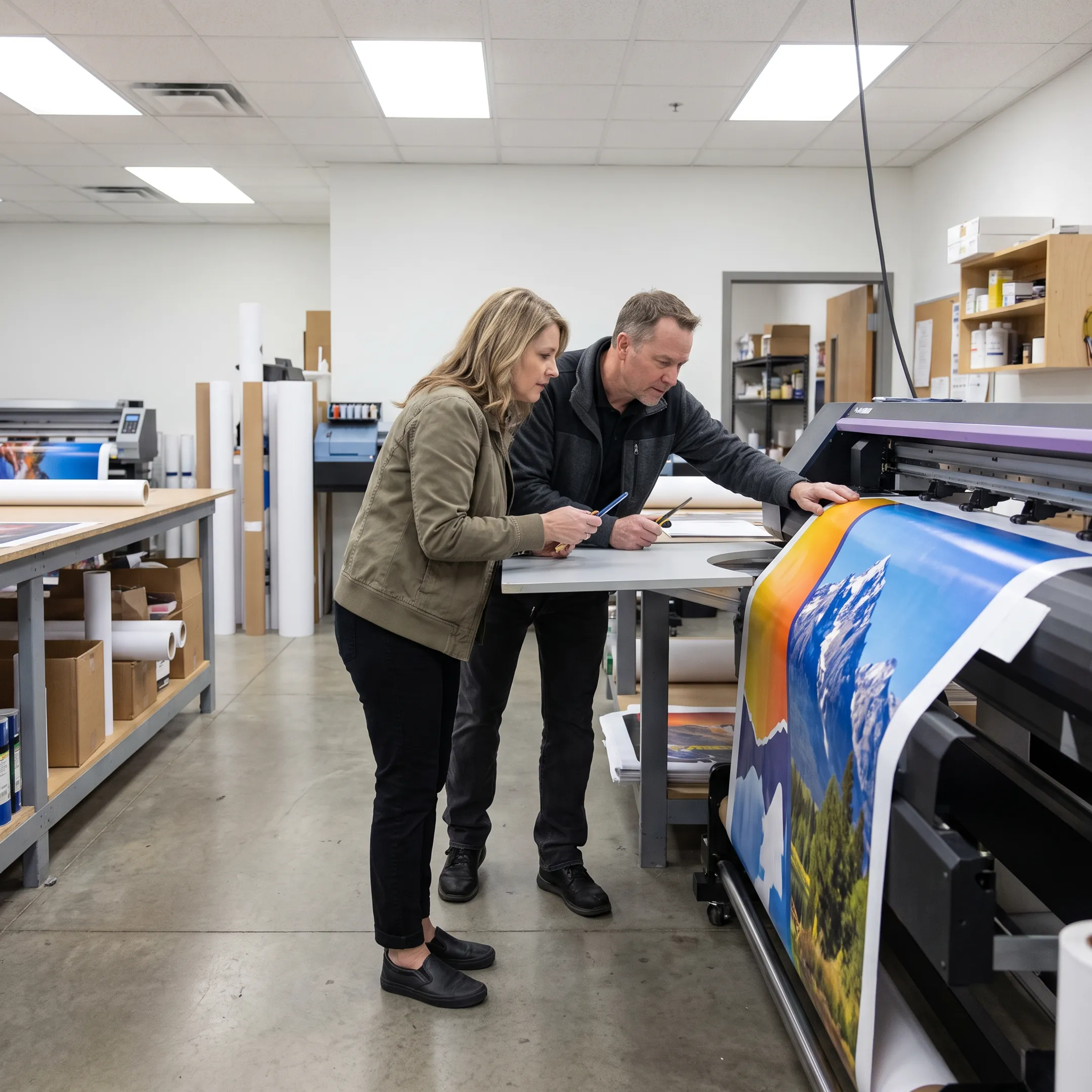 Printed custom banner being prepared for installation