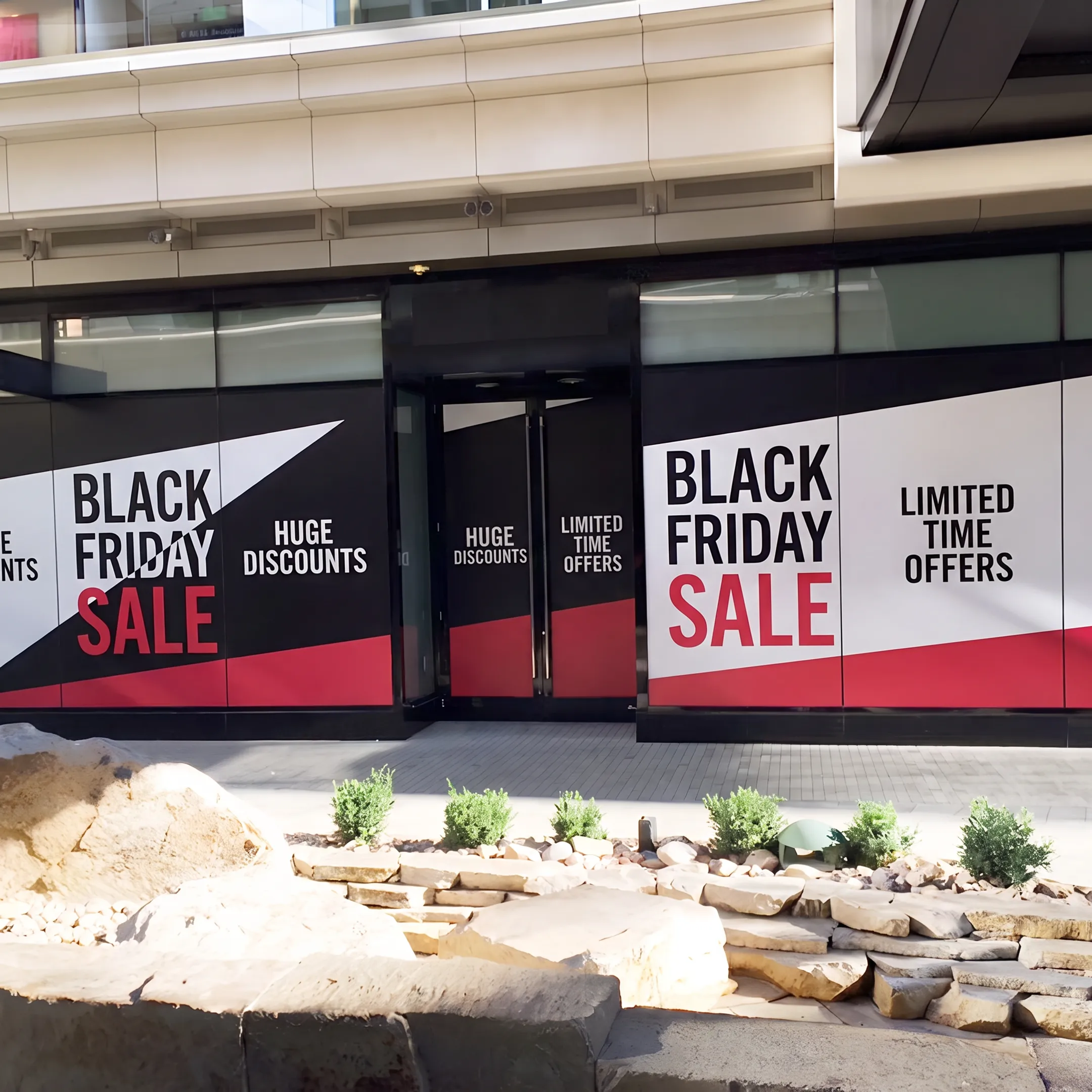 Custom Black Friday promotional signage displayed across a retail storefront
