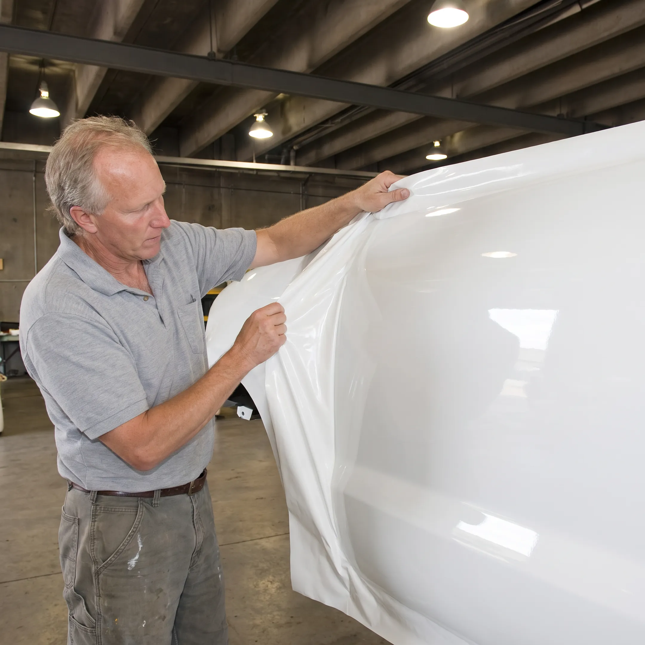Close view of vinyl wrap being removed from a vehicle panel