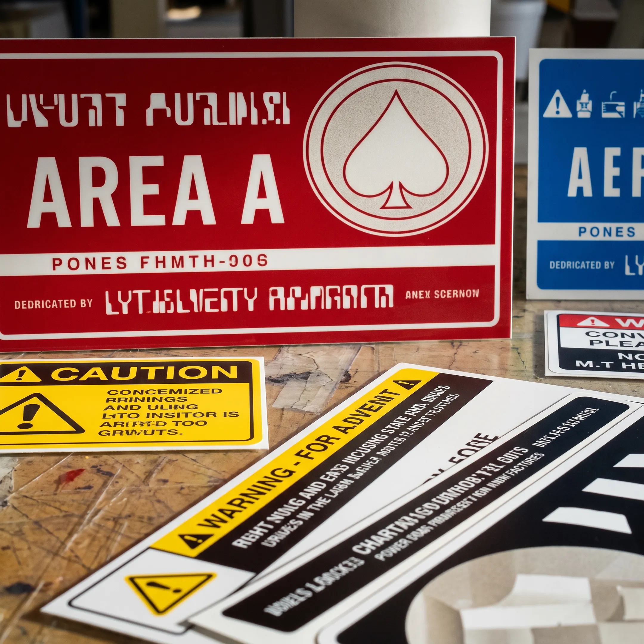 Custom printed labels and decals arranged on a production table