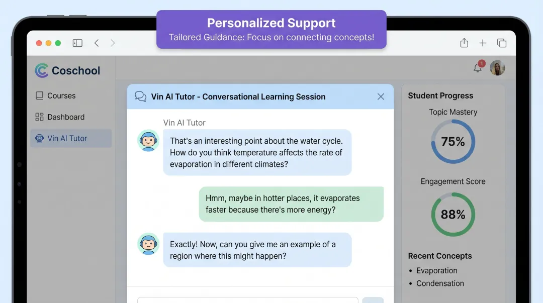 Coschool AI tutor Vin interface showing personalized student learning conversation dashboard