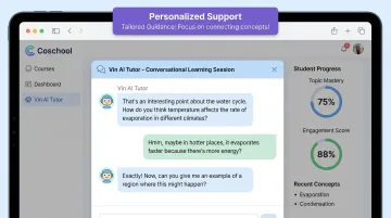 Coschool AI tutor Vin interface showing personalized student learning conversation dashboard