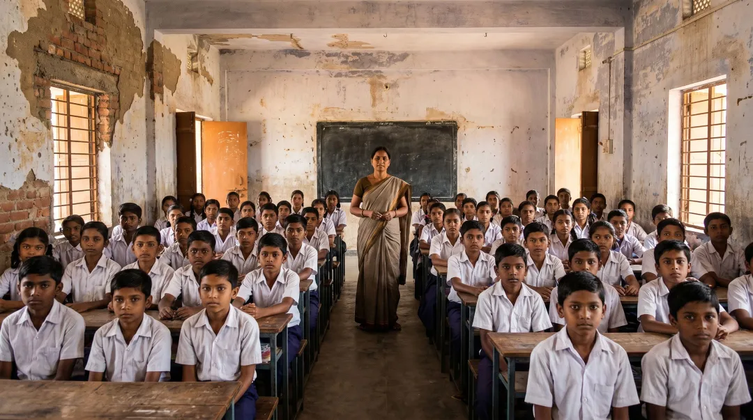 Overcrowded Indian school classroom showing high student-to-teacher ratio environment