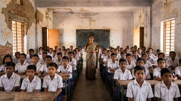 Overcrowded Indian school classroom showing high student-to-teacher ratio environment