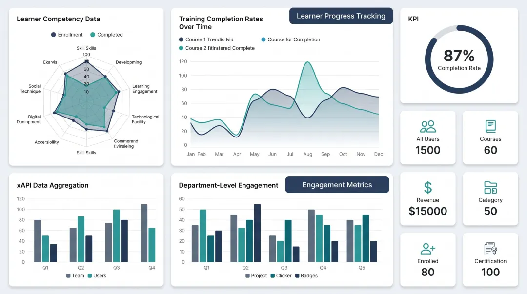 Enterprise LMS analytics dashboard displaying learner progress and xAPI data visualizations