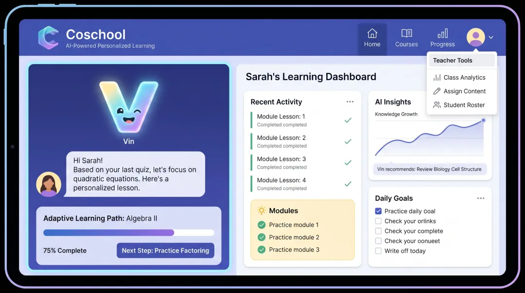 Coschool AI tutor platform dashboard showing personalized student learning interface