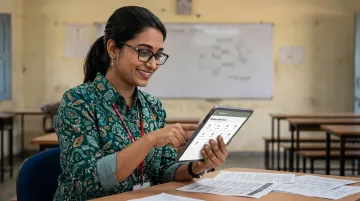 Teacher using mobile-first classroom management app on smartphone in Indian school