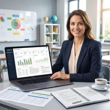 Teacher reviewing AI-generated student progress reports on a laptop