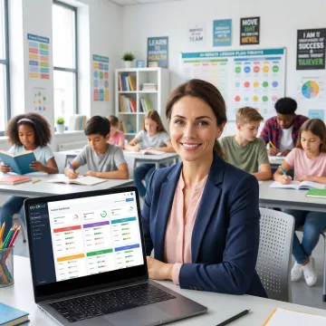 Teacher using AI lesson planning software in a multigrade classroom