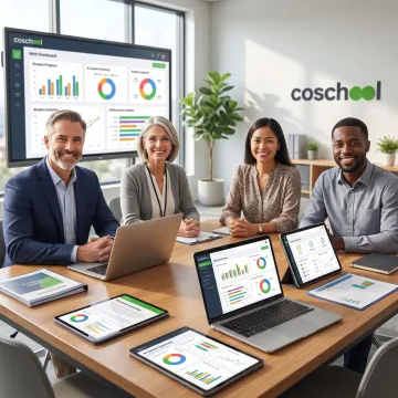 School leaders and teachers using academic platform dashboards