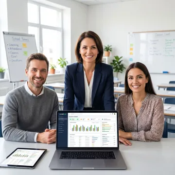 School leaders reviewing academic performance software dashboard
