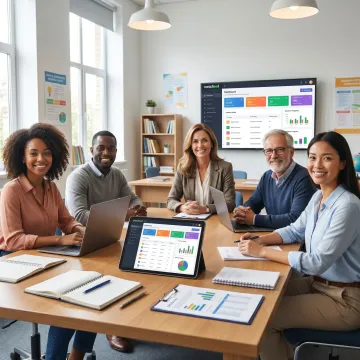 School leadership and teachers using academic software dashboard