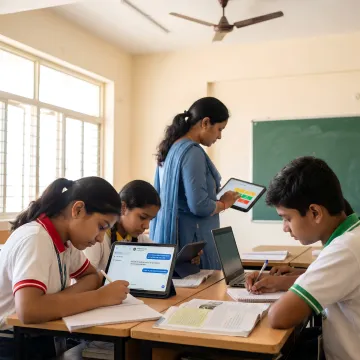 Students using an AI learning platform in a Telangana classroom