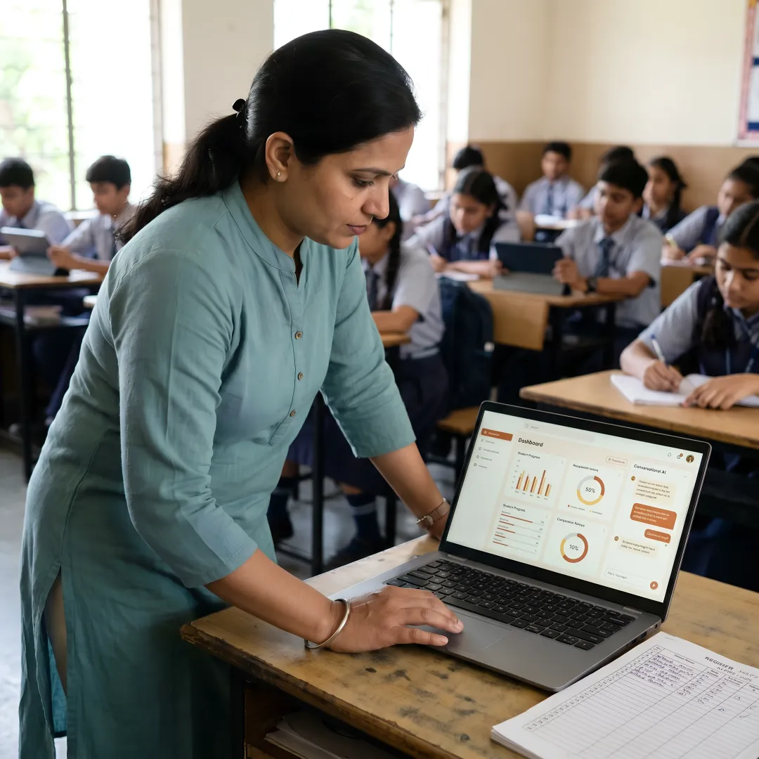 Teacher using AI classroom dashboard with students