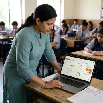 Teacher using AI classroom dashboard with students