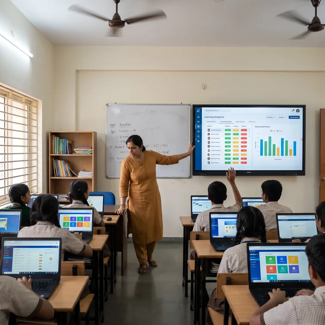 Students and teachers using an AI learning platform in school