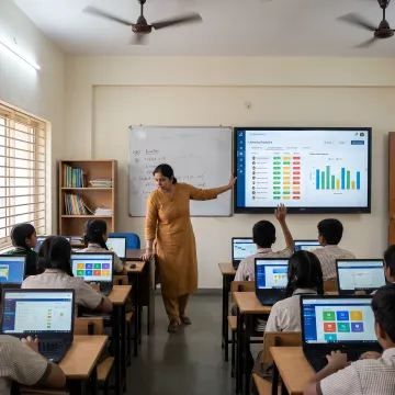 Students and teachers using an AI learning platform in school