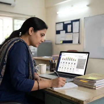 Teacher reviewing AI assessment dashboard and handwritten submissions