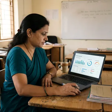 Teacher reviewing AI learning analytics dashboard