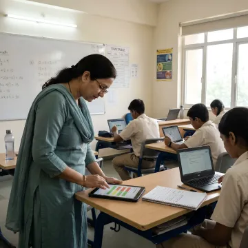 Students taking digital assessments while a teacher reviews analytics