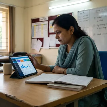 Teacher using academic reporting analytics on tablet