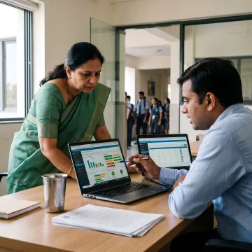 Teachers reviewing school academic reporting dashboard